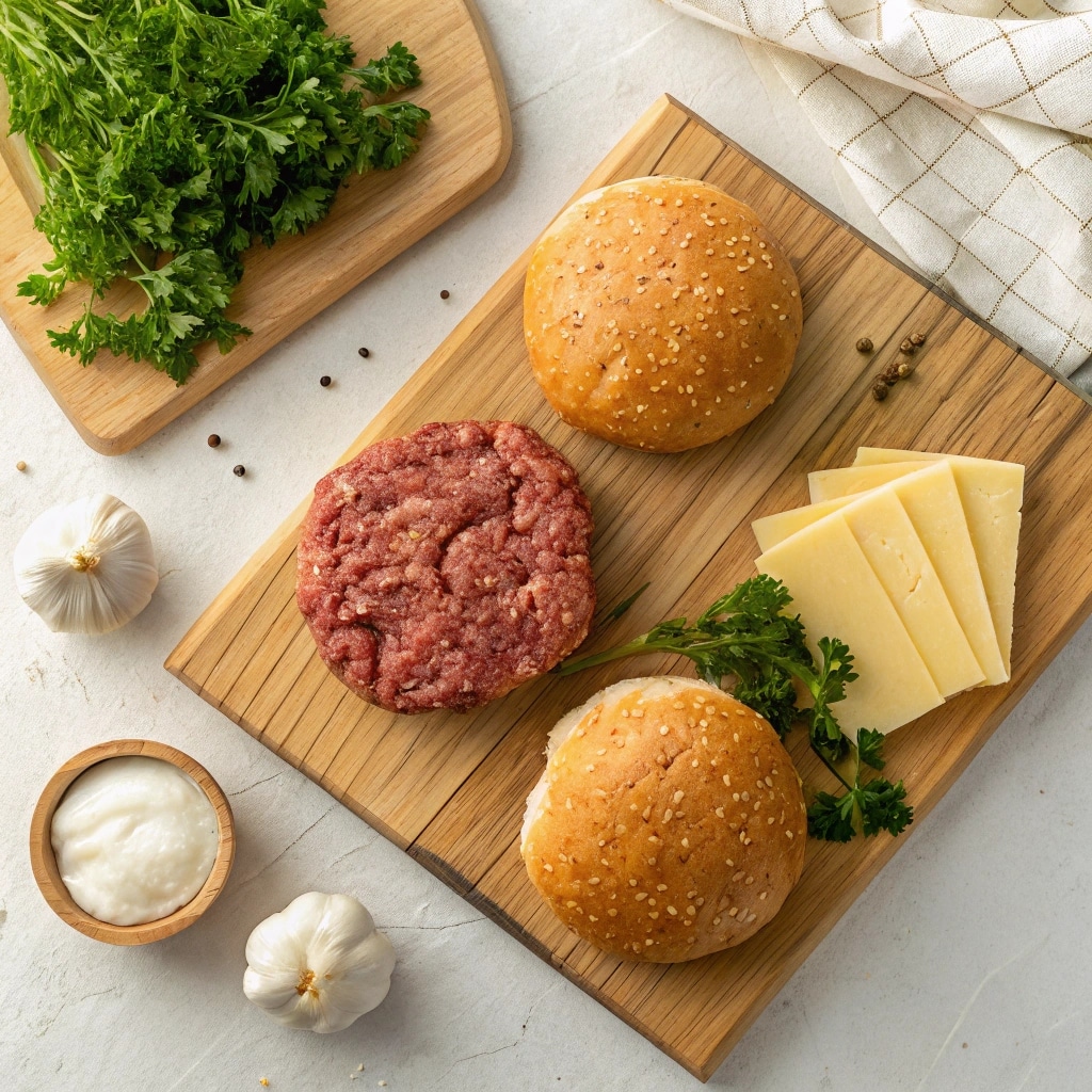 Ingredients for garlic butter smash burgers on cutting board