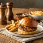 Finished garlic butter smash burger with fries on rustic plate