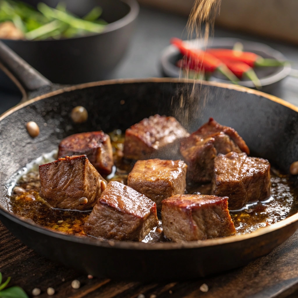 Steak bites searing in skillet for garlic butter marinade