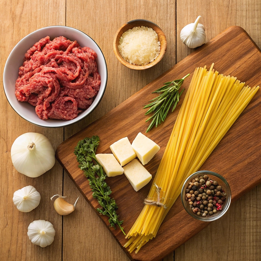 ingredients for one pot creamy beef and garlic butter pasta