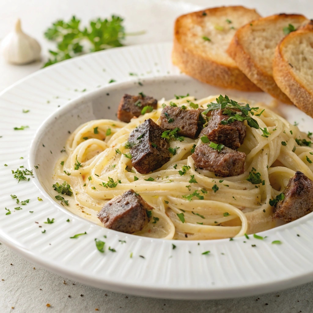 Plated garlic butter steak bites with creamy parmesan pasta