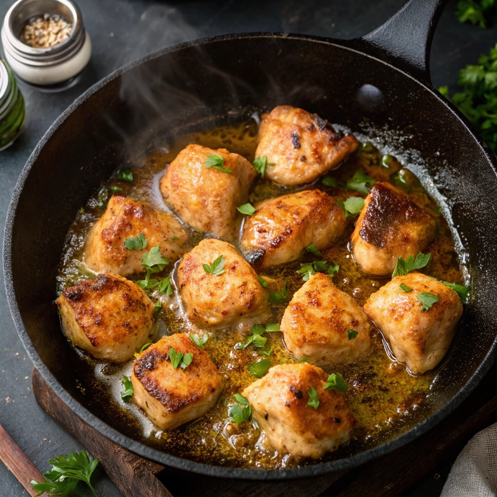 Chicken bites searing in garlic butter