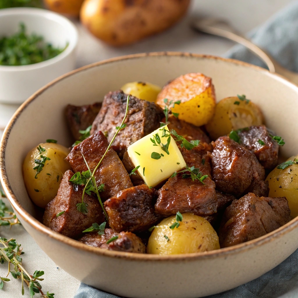 Served garlic butter steak bites and potatoes